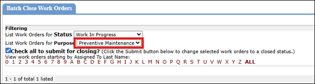 Purpose drop-down for Work Orders